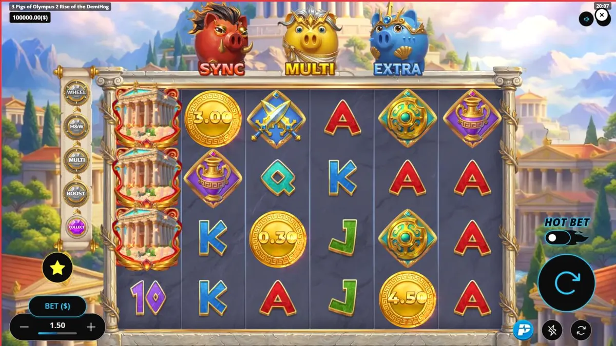 Tampilan visual slot 3 Pigs of Olympus 2 dengan elemen mitologi Yunani dan karakter babi pahlawan.