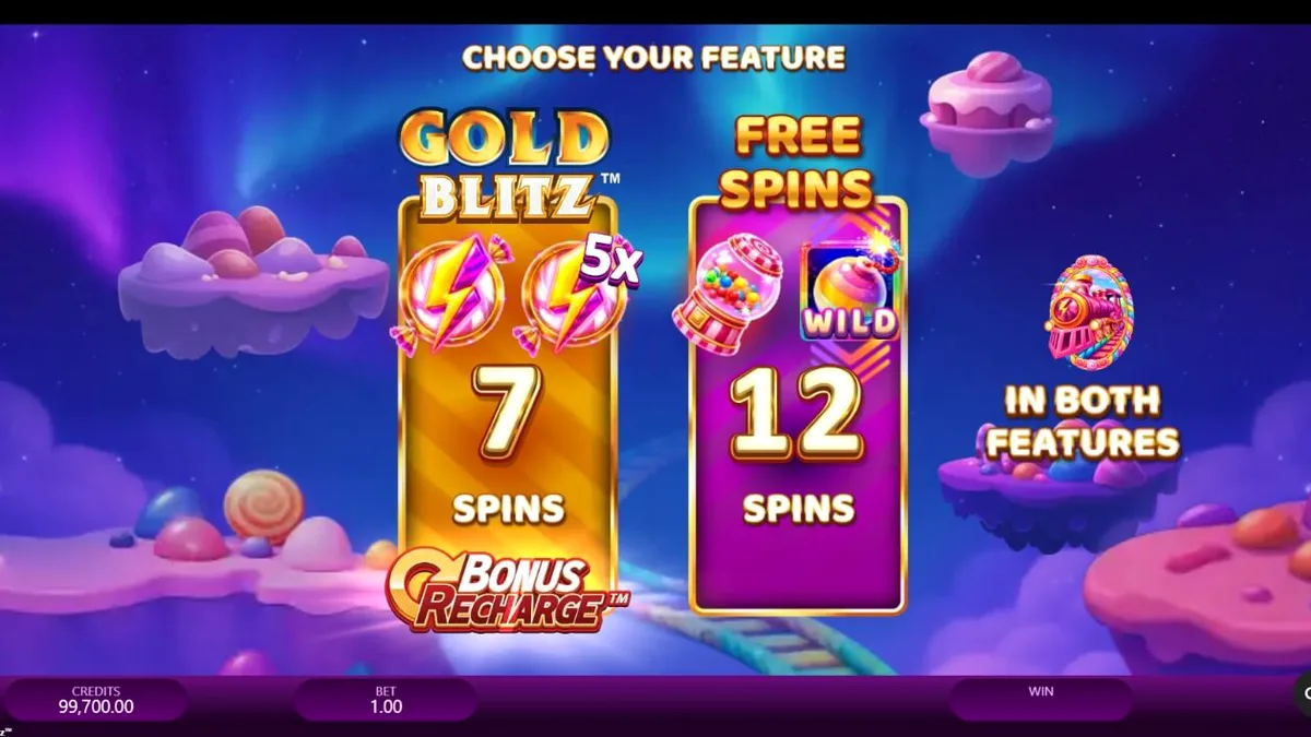Tampilan visual ceria dari slot Candy Express Gold Blitz dengan tema kereta permen.
